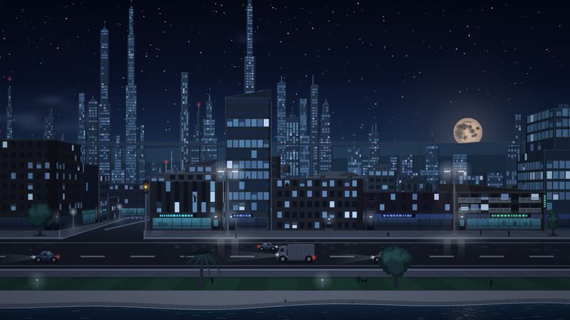 Downtown Stroll: an animated city skyline at night